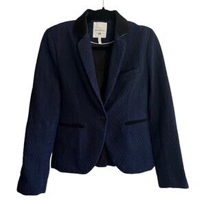 Avec les Filles Quilted Navy Single Breasted Blazer Velvet Tweed Collar